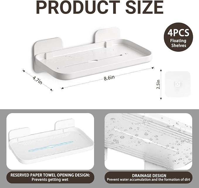 FAYYGYH 2 Pack Adhesive Floating Shelves, No Drill Small Floating Shelf | Wall Storage Damage-Free Wall Mounted Organizer for Bathroom, Kitchen, Bedroom & Office (White-4pcs) - Image 2