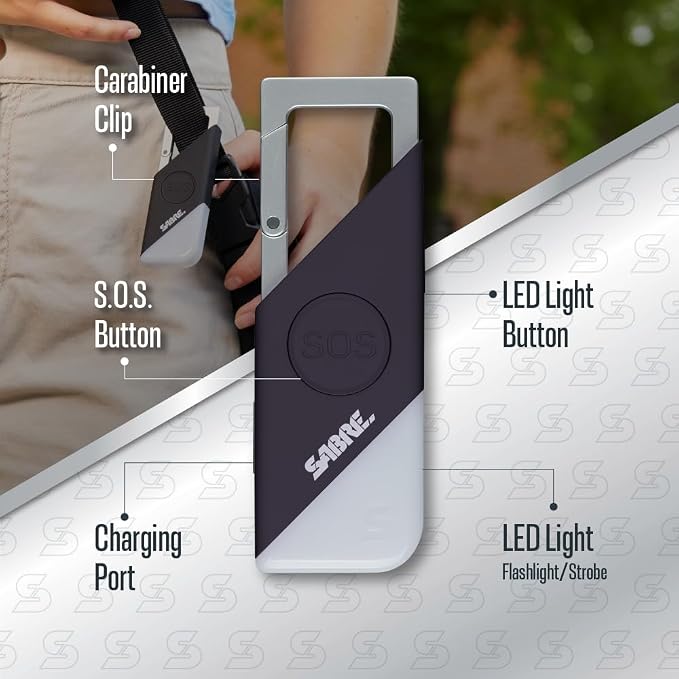 Sabre 2-in-1 Personal Alarm with LED Light & SOS Button, 130dB Siren Heard from 1,800-feet (500-meters), Spring Clip for Easy Carry on Backpacks & Purses, Rechargeable with Charging Cord Included - Image 2