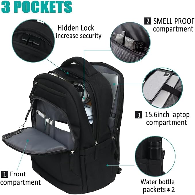 Smell Proof Backpack with Lock,Water Resistant Smell Proof Bags Travel Laptop Backpack,Large Capacity Carbon Enduring Smell Proof Stash Bag with Lock for Men Women (Black) - Image 2
