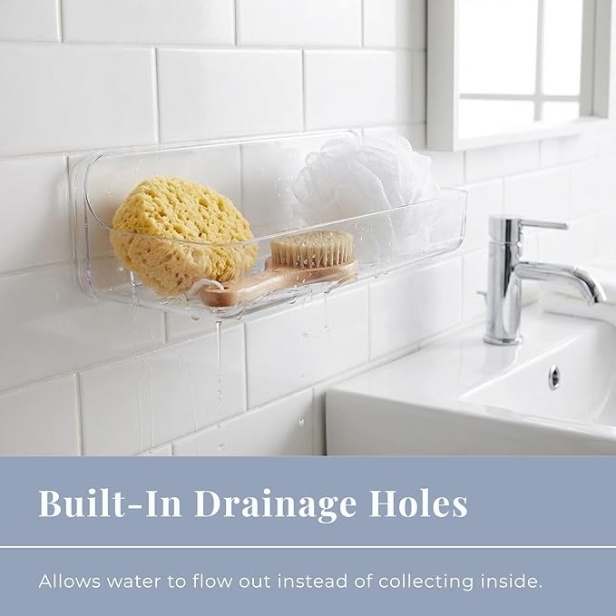 Long Adhesive Wall Organizer Shelf, No-Drill, Clear | BPA-Free PET, Built-In Drain Holes, Detachable, Extended Storage for Shampoo Bottles, Body Wash, Spice Jars - Image 6