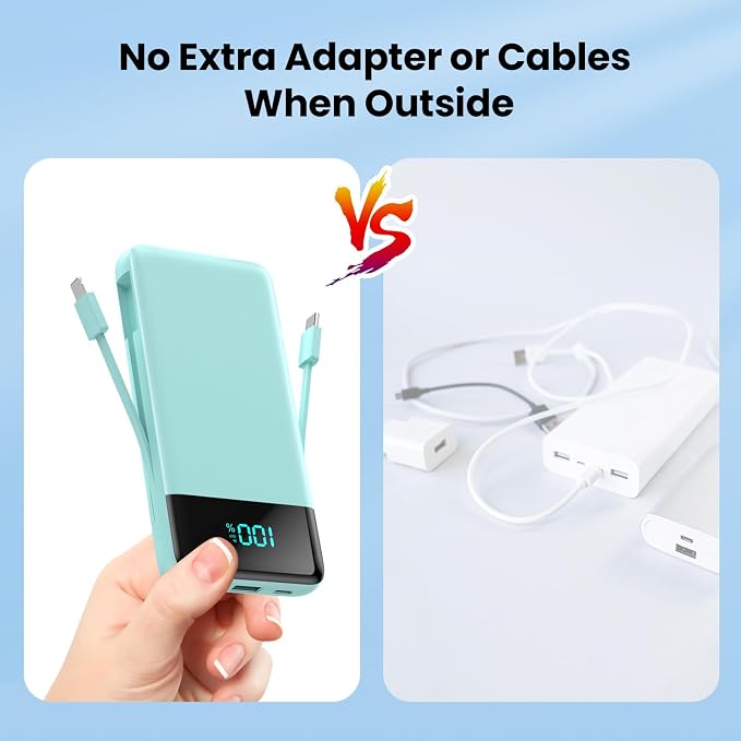 Portable Charger with Built-in AC Plug and Cables,13800mAh All in One USB C Fast Charging Power Bank,Travel Essentials Portable Phone Charger Battery Pack for iPhone 17/16/15/13,Galaxy,Android-Green - Image 7