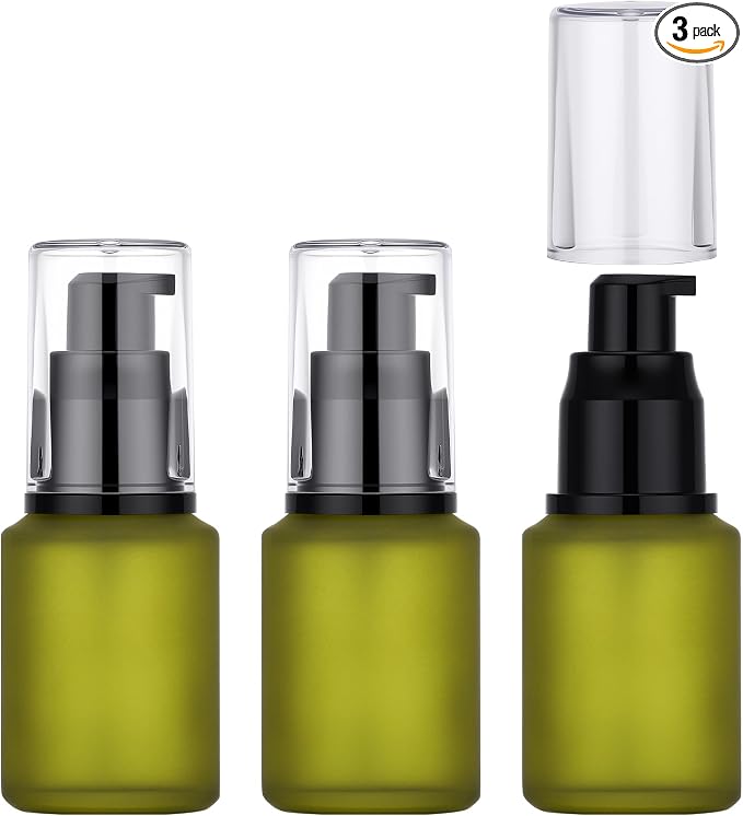 Segbeauty 1oz Frosted Glass Empty Travel Size Bottles for Creams, 3pcs Refillable Lotion Pump Bottle Dispenser, 30ml Liquid Travel Containers, Green Mini Lotion Container Foundation Pump Dispensers by Segbeauty