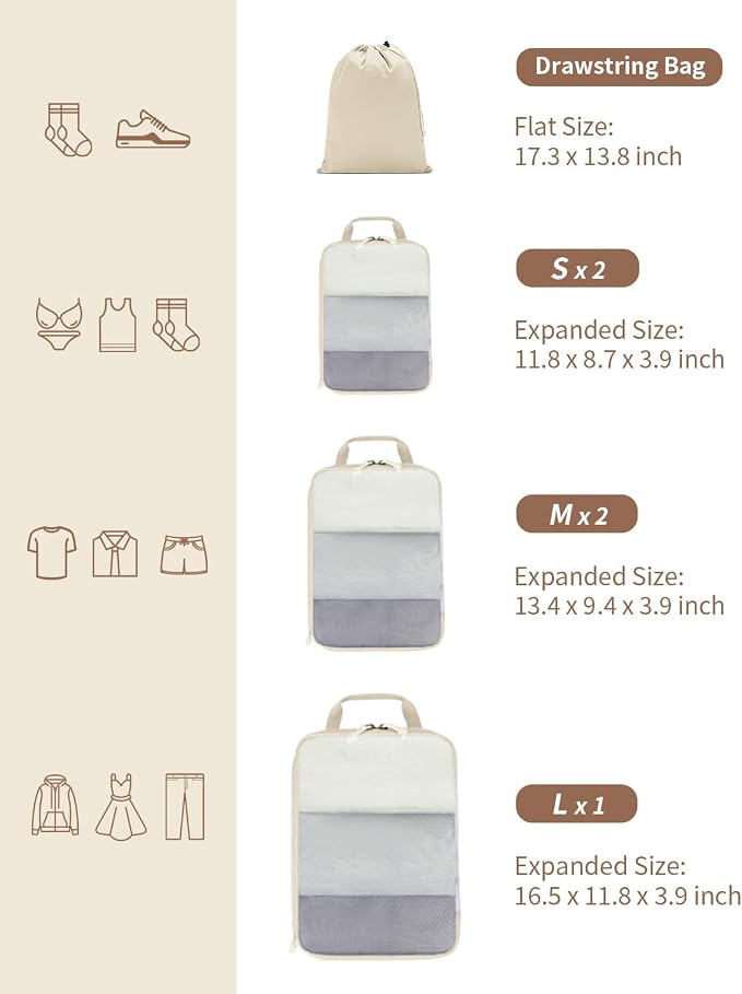 ECOHUB 6 Set Compression Packing Cubes, Lightweight Beach Vacation Travel Essentials Durable Travel Accessories for Suitcase Carry On Luggage Organizer Bags with YKK Zippers Shoe Bag, Beige - Image 4