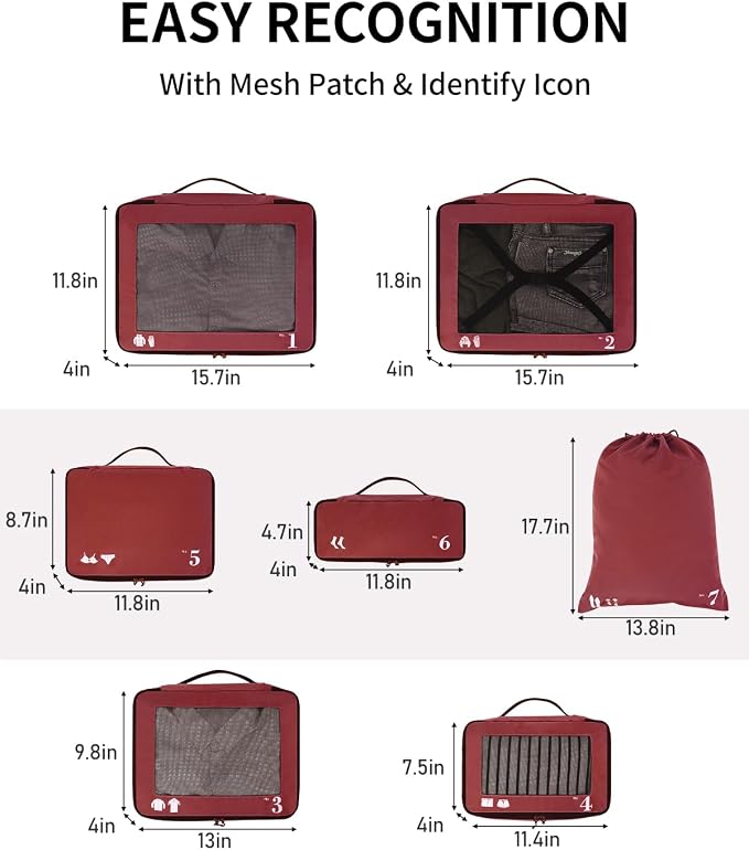 ECOHUB 7 Set Packing Cubes Tear-Resistant Luggage Packing Organizers with Number Icon for Travel Accessories Luggage Suitcase Machine Washable Packing Cubes (Red) - Image 6
