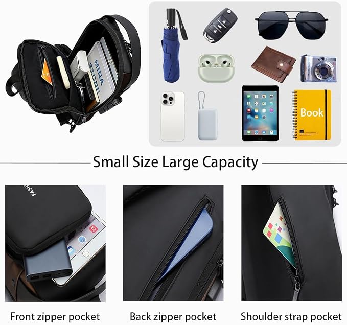 Travel Sling Bag Waterproof Crossbody Bag with Combination Lock Anti-Theft PU Leather Chest Bag with USB Charging Hole Shoulder Backpack Motorcycle Bags Black - Image 4