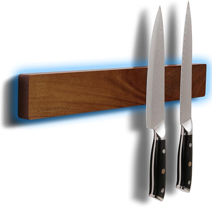Knife Magnetic Strip 16”, Acacia Wood Knife Holder for Wall Moun | No Drill for Fridge, Dual-Row Magnet Hold 9 Knives & Heavy Cleaver, 3M Tape & Screw Mount, Kitchen Knife & Utensil Organizer by Gourmetop