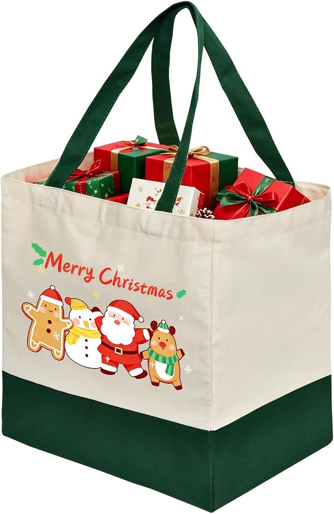 Christmas Canvas Tote Bags with Handles, Large Merry Christmas Shopping Bag | 14.6 x 10.2 x 13 in Holds 60 lbs Reusable Gift Bags for Christmas / Holiday / Party / Kid, Beige 1-Pack by CNaiyunpin