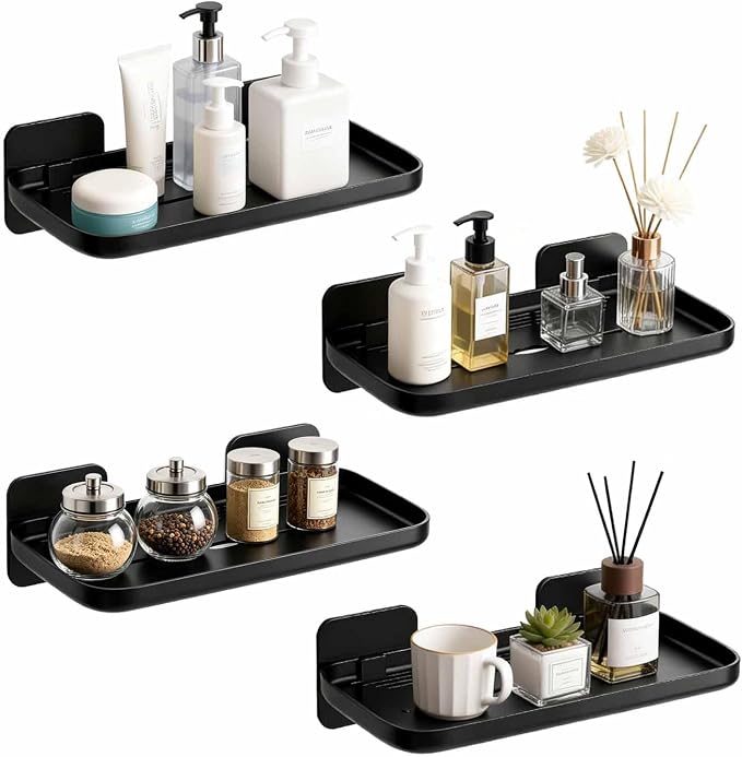 4 Pack Floating Shelves for Wall, Self Adhesive Small Shelf, No Drill Adhesive Wall Shelf, Floating Shelves Damage-Free Expand Walls Space for Living Room Kitchen Bathroom (Black) by NGETC