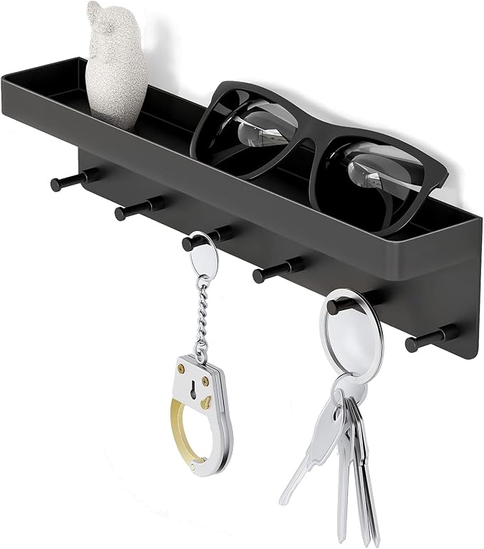 MKO Key Holder Wall Mount, Key Holder Wall Mount Adhesive with Mail Organizer Tray with 6 Key Hooks for Wall, Black | Metal Material, Key Rack with Shelf, Mail Organizer Tray for Entryway, Hallway, Living Room - Image 8