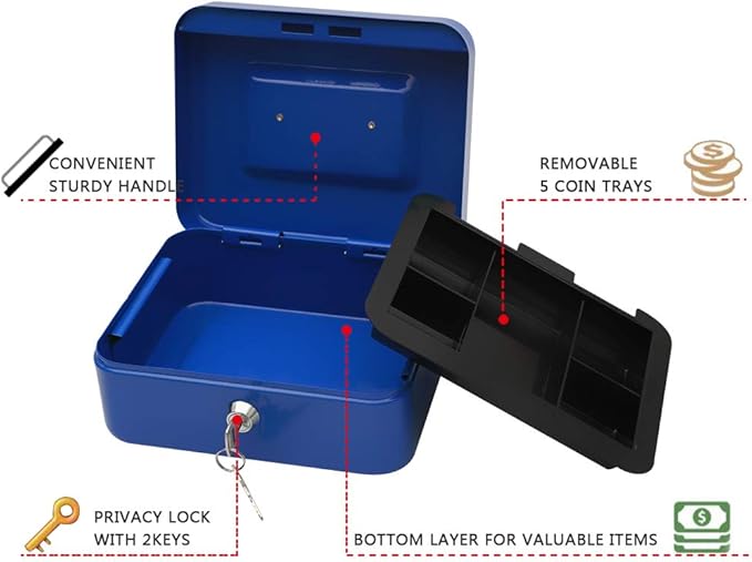 KYODOLED Cash Box with Money Tray,Storage Safe Lock Box with Key,Cash Drawer,7.87"x 6.30"x 3.54" Blue Medium - Image 2