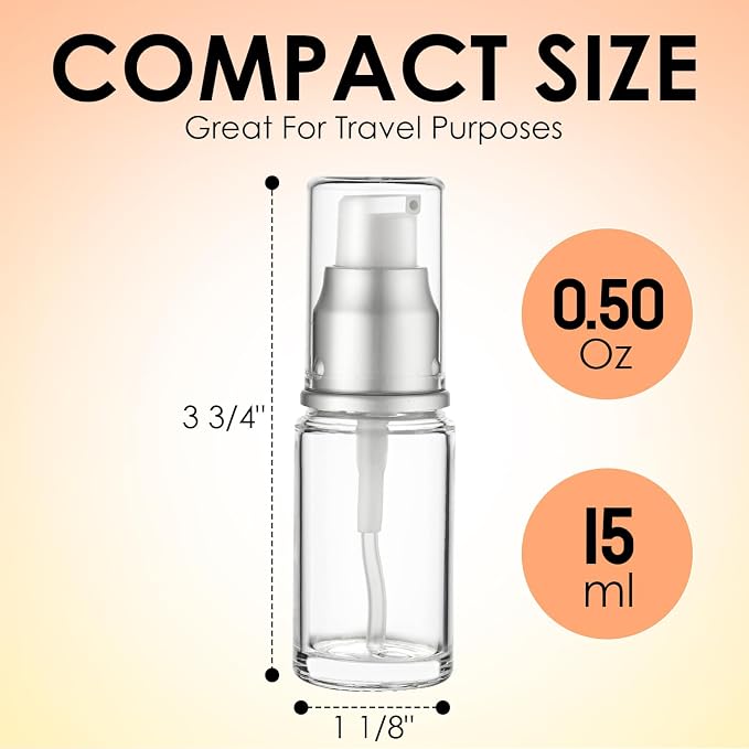 Clear Glass Pump Bottle (6-Pack) 0.5 Oz 15ml - Refillable, Lotion | Silver Cap, Luxury, Serum, Foundation, Body Cream, Sanitizer, Cosmetics, Travel - Image 3
