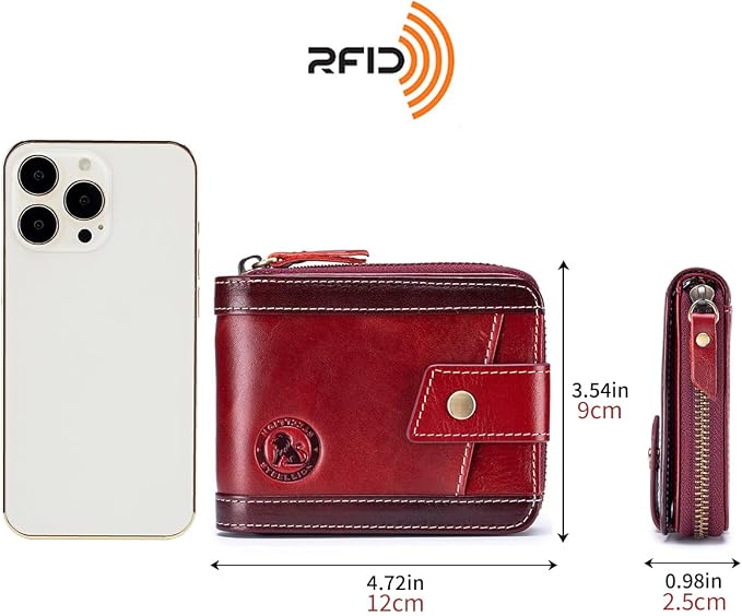 Men's Leather RFID Wallet with Zipper, 14 Card Slots, ID Window | Zippered coin pocket separates loose change; organized for commuting and everyday carry (Red) - Image 3