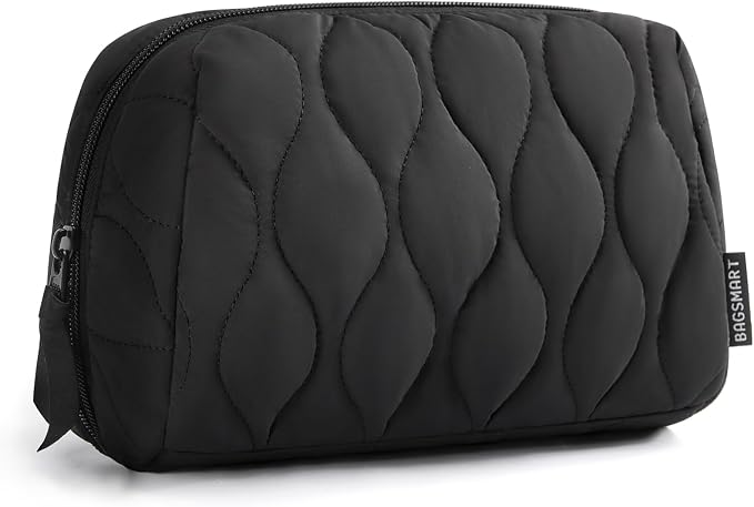 BAGSMART Makeup Bag, Travel Cosmetic Bag, Puffy Padded Make Up Bag for Women, Makeup Organizer Case, Wide-open Pouch Purse, Travel Essentials, Toiletries Accessories Brushes, Black by BAGSMART