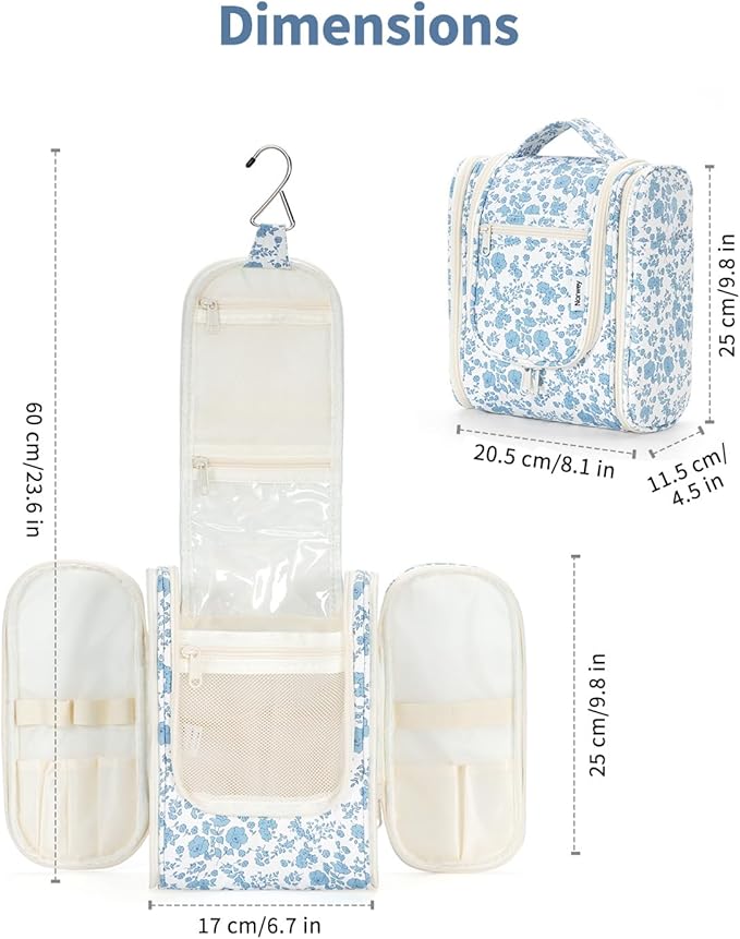 Narwey Hanging Toiletry Bag Women Travel Makeup Bag Organizer Toiletries Bag for Travel Size Essentials Accessories Cosmetics (Medium,Blue Flower) - Image 5