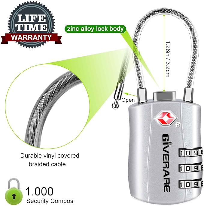GIVERARE 2 Pack TSA Approved Luggage Locks, Combination Travel Cable Lock, Re-settable 3-Digit Padlocks with Alloy Body, Keyless TSA Padlock for Gym Locker, Golf Bag Case-Silver - Image 3