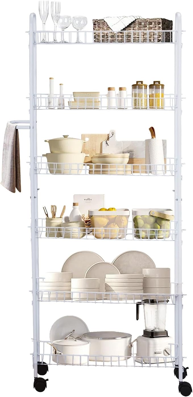Slim Rolling Pantry Cart 6 Tier Shelf, Space-Saving Kitchen & Spice Rack on Wheels, 10 Inch Deep - White Metal by SkyMall
