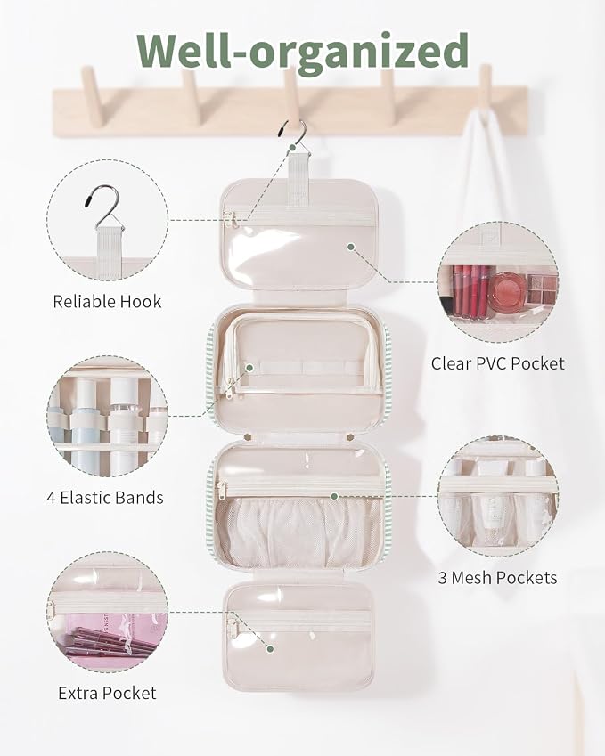 Narwey Striped Hanging Toiletry Bag for Women Travel Makeup Bag Organizer Cosmetic Make Up Toiletries Bag for Travel Essentials Accessories (Mint Green Stripe, Medium) - Image 2