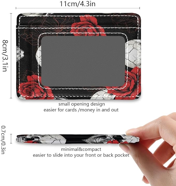 Front Pocket Minimalist Leather Slim Wallet Credit Card Holder Skull Red Poppy Flower Floral for Men & Women - Image 5
