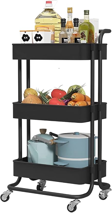 Sooyee 3 Tier Metal Utility Cart with Handle and Lockable Wheels, Black | Rolling Cart Multi-Functional Storage Cart for Office, School,Living Room, Kitchen, Bathroom, Bedroom,Laundry by Sooyee