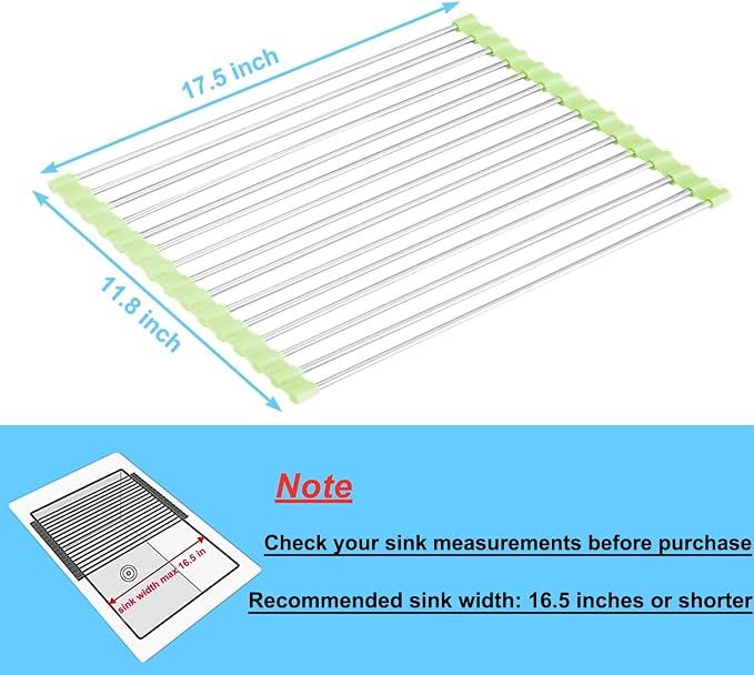 Seropy Roll Up Dish Drying Rack Over The Sink Drying Rack for Kitchen Counter, Rolling Dish Rack Over Sink Mat, Foldable Dish Drainer Stainless Steel Rack Kitchen Organization Green 17.5"x11.8" - Image 4