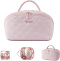 LOVEVOOK Travel Makeup Bag for Women, 2Pcs Puffer Waterproof Cosmetic Organizer, Large Capacity Pouch Open Flat Small Toiletry Bag with Brush Compartment & Handle (Pink, Large) by LOVEVOOK