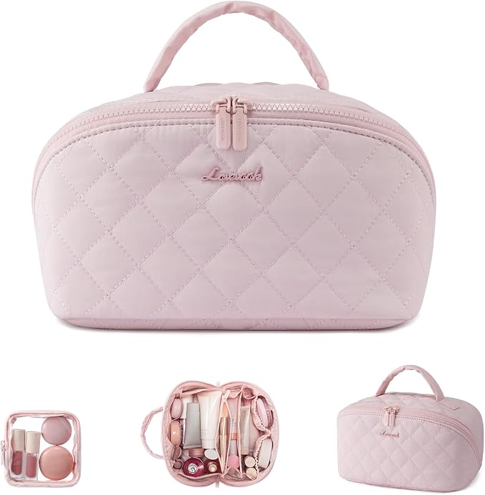 LOVEVOOK Travel Makeup Bag for Women, 2Pcs Puffer Waterproof Cosmetic Organizer, Large Capacity Pouch Open Flat Small Toiletry Bag with Brush Compartment & Handle (Pink, Large) by LOVEVOOK