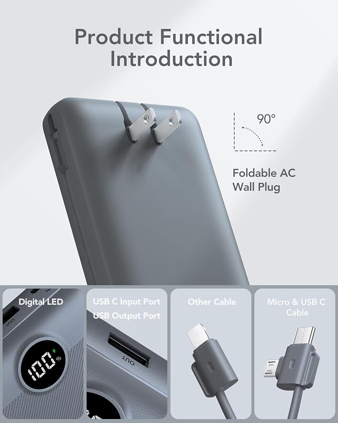 Portable Charger Power Bank 20000mAh,VRURC 22.5W Fast Charging Power Bank With Cables, 20K USB C Portable Charger With Wall Plug, Phone Battery With Cords For iPhone, Samsung, Android Phones, etc-Grey - Image 2
