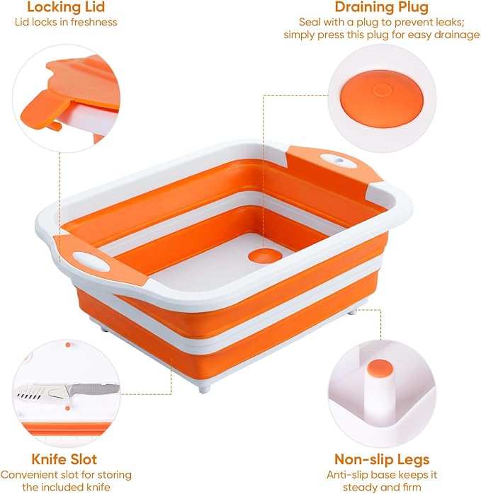Collapsible BBQ Prep Tub with Lid, Foldable Camping Sink with Colander, Cutting Board, Dish Basin for Kitchen, Bowl, Vegetable and Fruit, Storage Basket for Picnic-Orange - Image 3