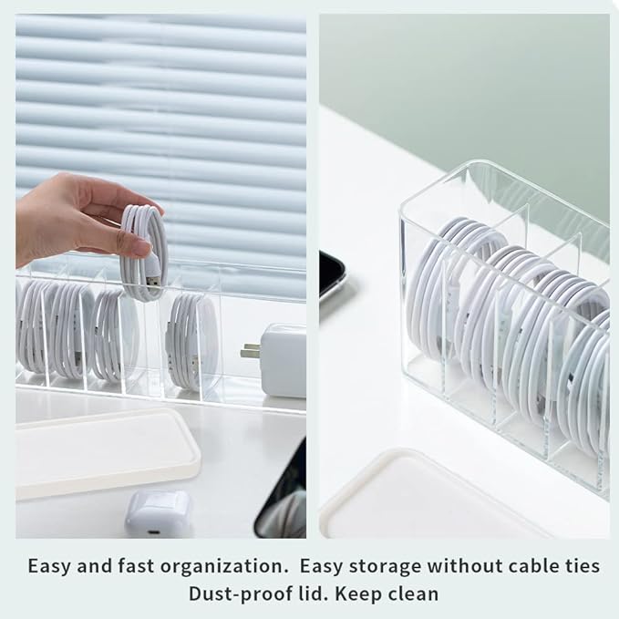 Charger Cable Cord Storage Organizer Box - Easy Storage Without Cable Ties | with Lid,Dust-Proof,Space Saving,6 Standard Space and 1 Larger Space,for Home Office Desk Accessories Supplies - Image 4