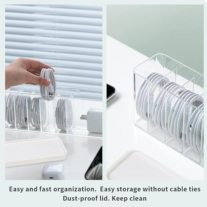 Charger Cable Cord Storage Organizer Box - Easy Storage Without Cable Ties | Stackable,with Lid,Dust-Proof,Space Saving,6 Standard Space and 1 Larger Space,for Home Office Desk Accessories Supplies - Image 4