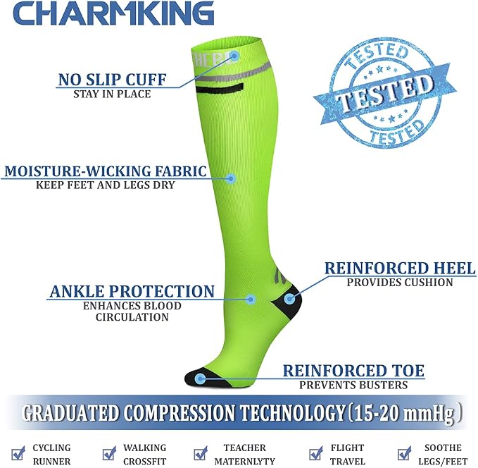 CHARMKING Compression Socks for Women & Men Circulation (8 Pairs) 15-20 mmHg Best Calf Socks Support for Athletic Cycling - Image 4
