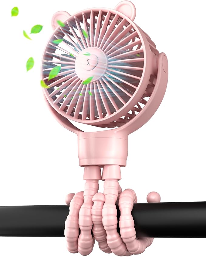 buywoo Portable Stroller Mini Fan, Small Rechargeable Personal Cooler w/ 360° Rotation, Baby Essentials for Car Seat, Crib, Bike, Treadmill, 3-Speed Battery Powered Stroller Accessories, Pink by Buywoo