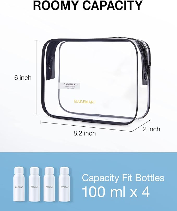 BAGSMART Clear Toiletry Bag 2-Pack TSA Approved Water-Repellent, Black | Carry on Travel Accessories Bag, Airport Airline Quart Size Bags for Women Men, Makeup Cosmetic Bag - Image 2
