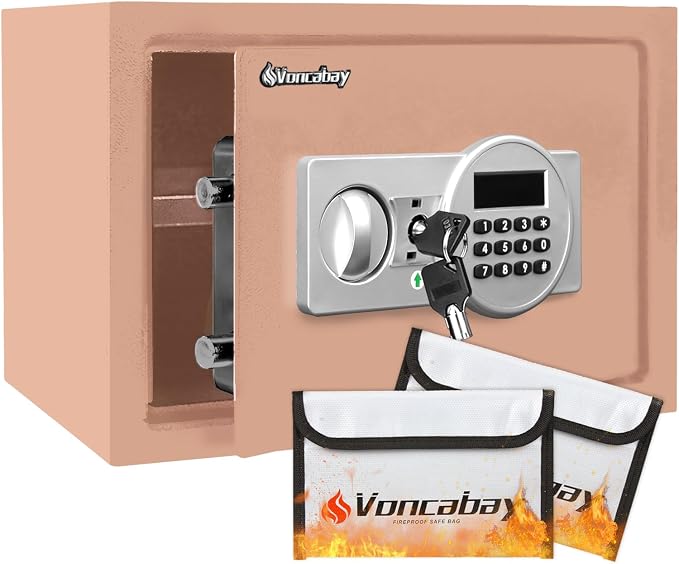Voncabay Money Safe Box for Home with Digital Keypad, 0.8 Cu. Ft., Khaki | Alloy Steel, 2 Fireproof Bags, Digital Keypad with Display, Removable Shelf, Fits A4, 13.8 x 9.85 x 9.85 In. by Voncabay