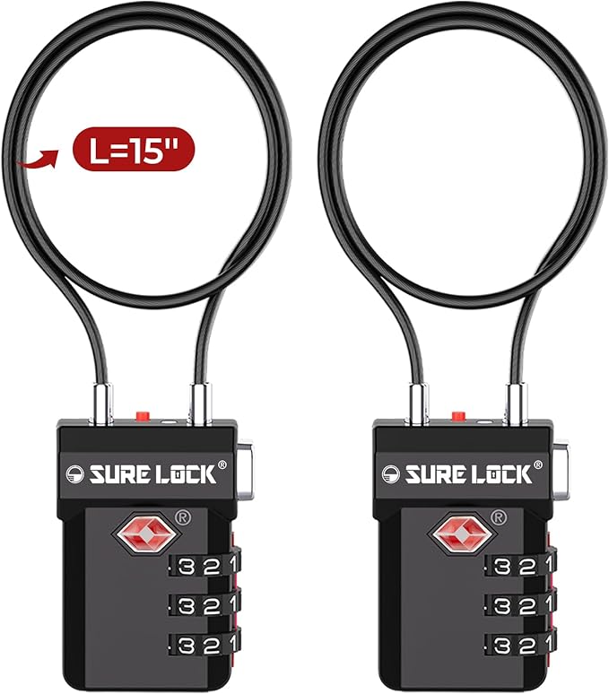 SURE LOCK TSA Approved Luggage Locks – 3-Digit Combination Cable Lock with Red Indicator, Large Dial & Easy-Press Button for Suitcases and Backpacks – Multi-Pack & Color Options (2, Extra Long Cable) by Hopeyoucanstaysafe
