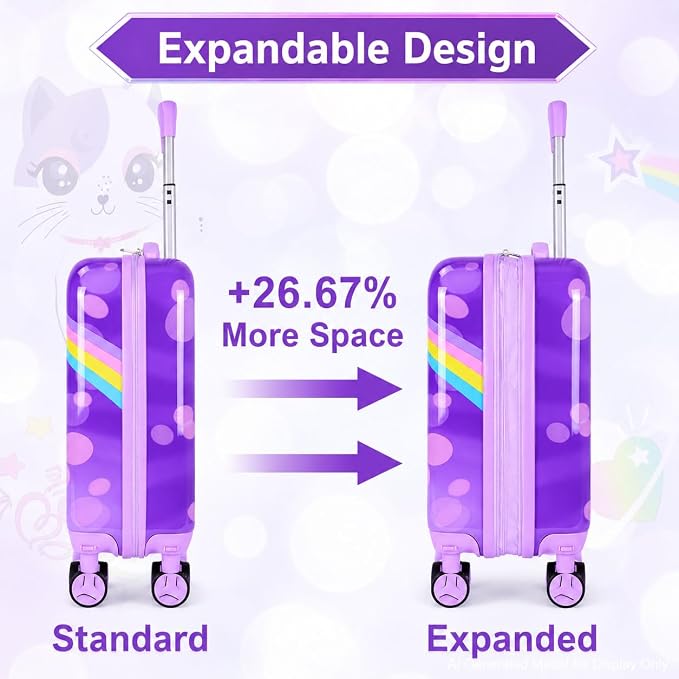 Lightweight Hardshell Spinner Suitcase Set for Kids 2PCS with Wheels - Airplane Approved Carry-On Luggage for Girls& Children Ages 3-10, Purple Cat Rolling Suitcases for Elementary Toddler Travel - Image 3