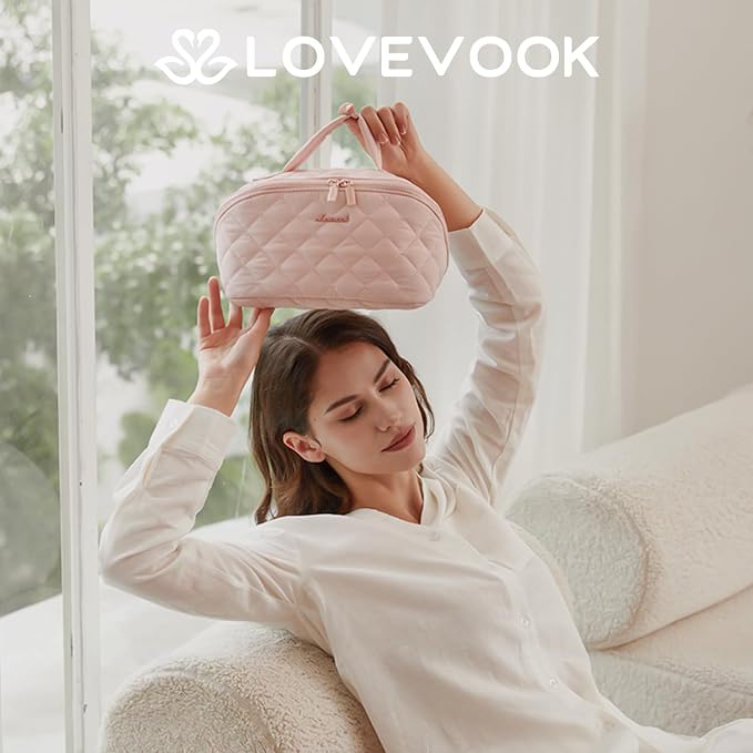LOVEVOOK Travel Makeup Bag for Women, 2Pcs Puffer Waterproof Cosmetic Organizer, Large Capacity Pouch Open Flat Small Toiletry Bag with Brush Compartment & Handle (Pink, Medium) - Image 2