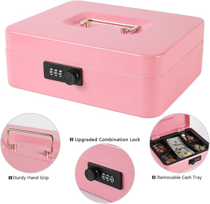 xydled Steel Cash Box Safe with Combination Lock,Money Safe Box with Removable Coin Tray,Large,9.84"x 7.87"x 3.54",Pink - Image 5