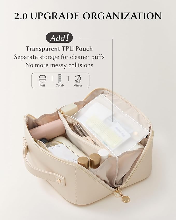 EACHY Travel Makeup Bag for Women, PU Leather Cosmetic Bag, White, Medium | PU leather organizer opens flat with two TPU brush pockets and divided storage for makeup, skincare, toiletries and travel - Image 4