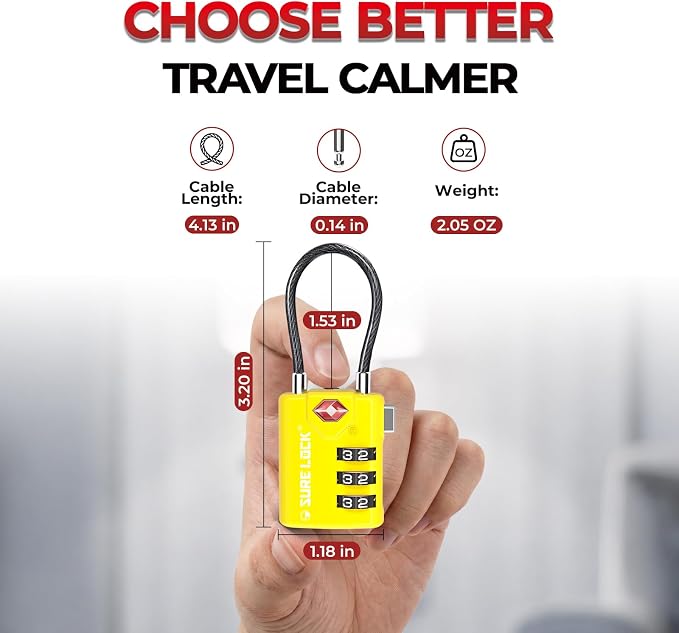 SURE LOCK TSA Approved Luggage Locks with Open Alert Indicator, 3 Digit Combination Cable Travel Lock for Suitcase, Backpack, Gym Locker, Toolbox & Travel Bag(2, Yellow) - Image 7