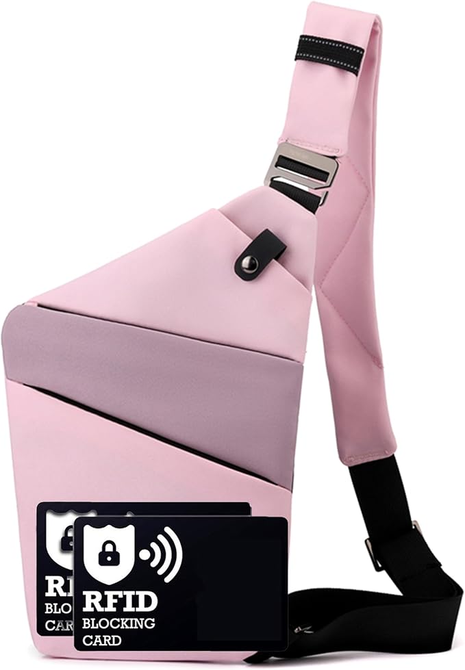 Anti Theft Crossbody Bags for Women Men, Multi-Pocket Shoulder Bag, Slim Sling Purse with 2 RFID Blocking Card (Right Shoulder-Pink Purple) by Ibalulu