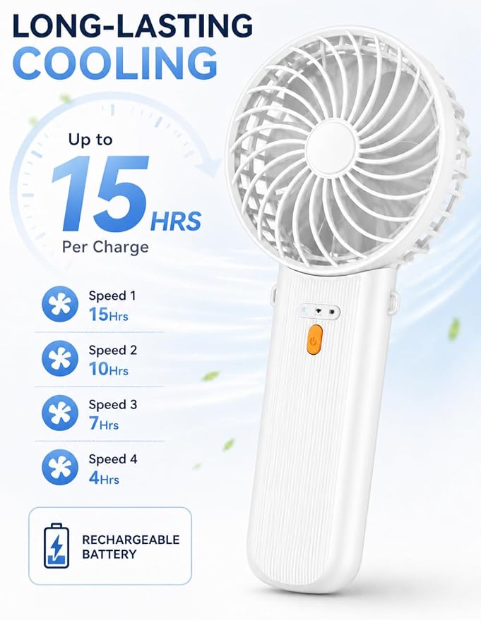 Portable Mini Fan, Quiet Foldable Fan with Lanyard (White) | 4 Speeds, 15H Rechargeable Battery, Portable Pan for Travel, Home, Office, Outdoor, Makeup, Women, Men, White - Image 6