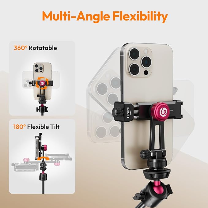 ULANZI MA61 Metal Phone Tripod Mount with Cold Shoe, 360° Adjustable Hot Shoe Camera Phone Mount for iPhone 17 16 15 14 Pro Max, Samsung, Aluminum Alloy Clamp for Vlogging, Live Streaming, Video - Image 2