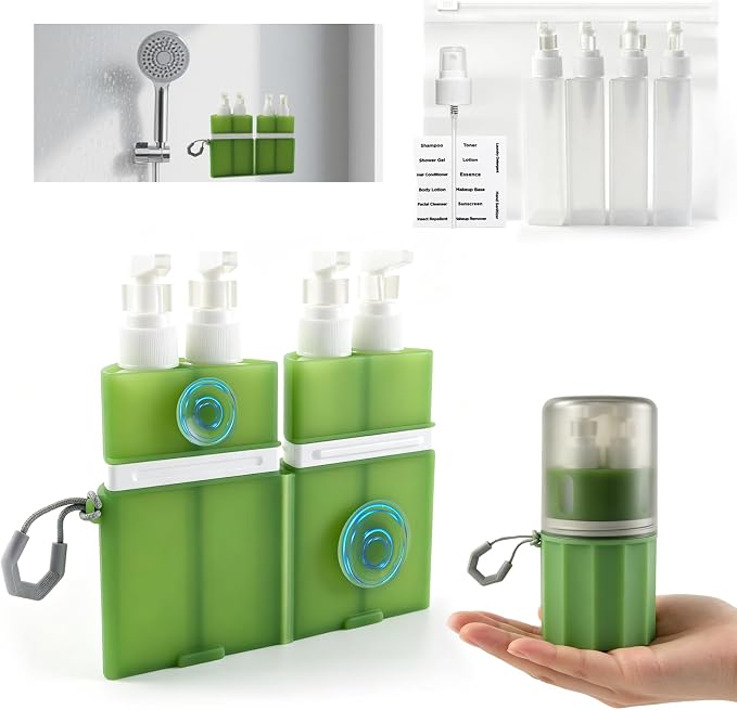 4 in 1 Travel Dispenser，Unbreakable Silicone Travel Dispenser Bottle, Vacuum Suction Wall Mounted Refillable Containers,Leakproof Toiletry Containers for Shampoo, Lotion, Baby Care-Green. by MORMIDTravelMakeupBag