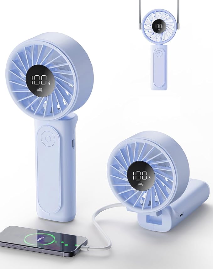 Peiyuu Portable Fan, 4000mAh Rechargeable, 180° Foldable Mini Desk Fan with 6 Wind Speed, LCD Digital Display, Lanyard as Neck Fan, Ultra Quiet, Pocket Size for Indoor Outdoor by Peiyuu