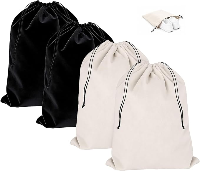 4 Pack Shoe Bags for Travel, Flannel Drawstring Travel Shoe Bag,Black Beige | Large Size 18.3*13.78 inch,Soft Flannel Material,Washable & Reusable,Shoe Bag for Luggage by Unknown