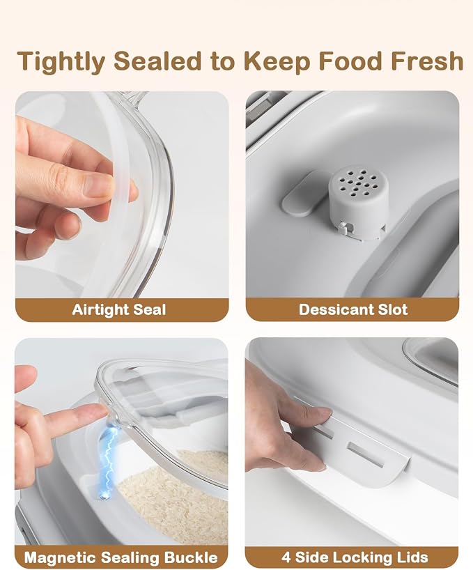 20-50 Lbs Airtight Food Storage Container Wheels,Collapsible Rice Container | Flour Storage Container with Double Airtight Seal,Rice Storage Container with Magnetic Lid,Keep Fresh for Pet Food,Rice,Flour - Image 3