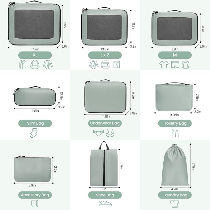 Mesh Packing Cubes for Travel, Durable Luggage Organizer with Sturdy Material and Double Zippers, Comprehensive Set for Travel Accessories Storage, 10 set, mint - Image 2