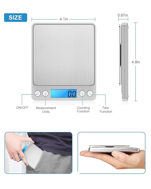 AMIR Digital Kitchen Scale, 3000g 0.01oz/ 0.1g Pocket Coffee Scale, Mini Food Scale, Pro Electronic Jewelry Scale with Back-Lit LCD Display, Tare & PCS Functions, Stainless Steel, Batteries Included - Image 6