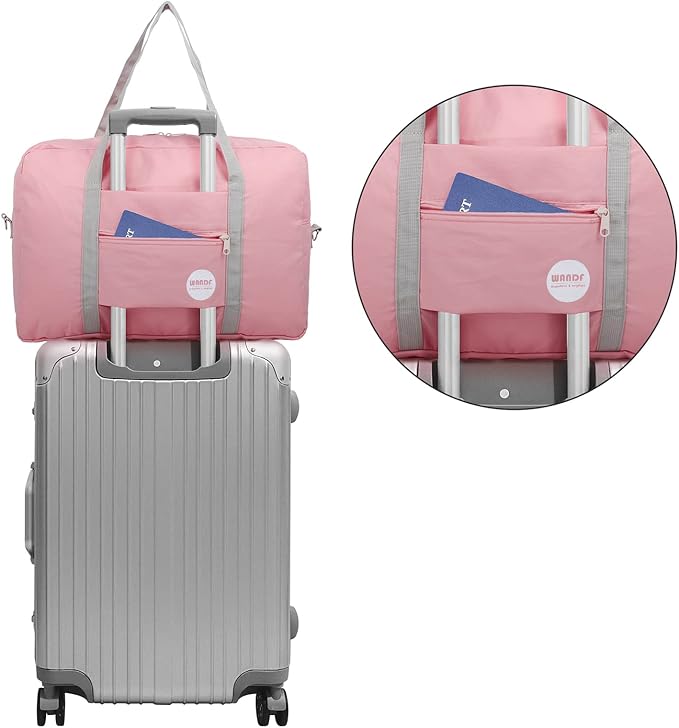 WANDF Foldable Travel Duffel Bag Luggage Sports Gym Water Resistant Nylon (D-Coral Pink with Strap) | 18x14x8 inches, Airline Underseat Aprroved, Weekend Overnight Trips, Lightweight Packable - Image 5
